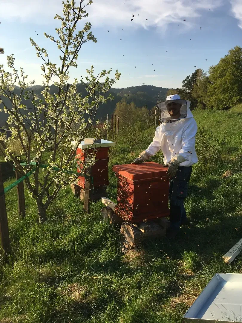 Matthias mit den neuen selbst gebauten Bienenbehausungen am Bienenstand